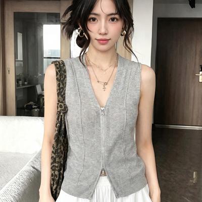 Old Money Wind Zipper V-neck Knitted Sweater Vest Vest Women's Summer Wear High-end Sense Thin Sleeveless Cardigan Top