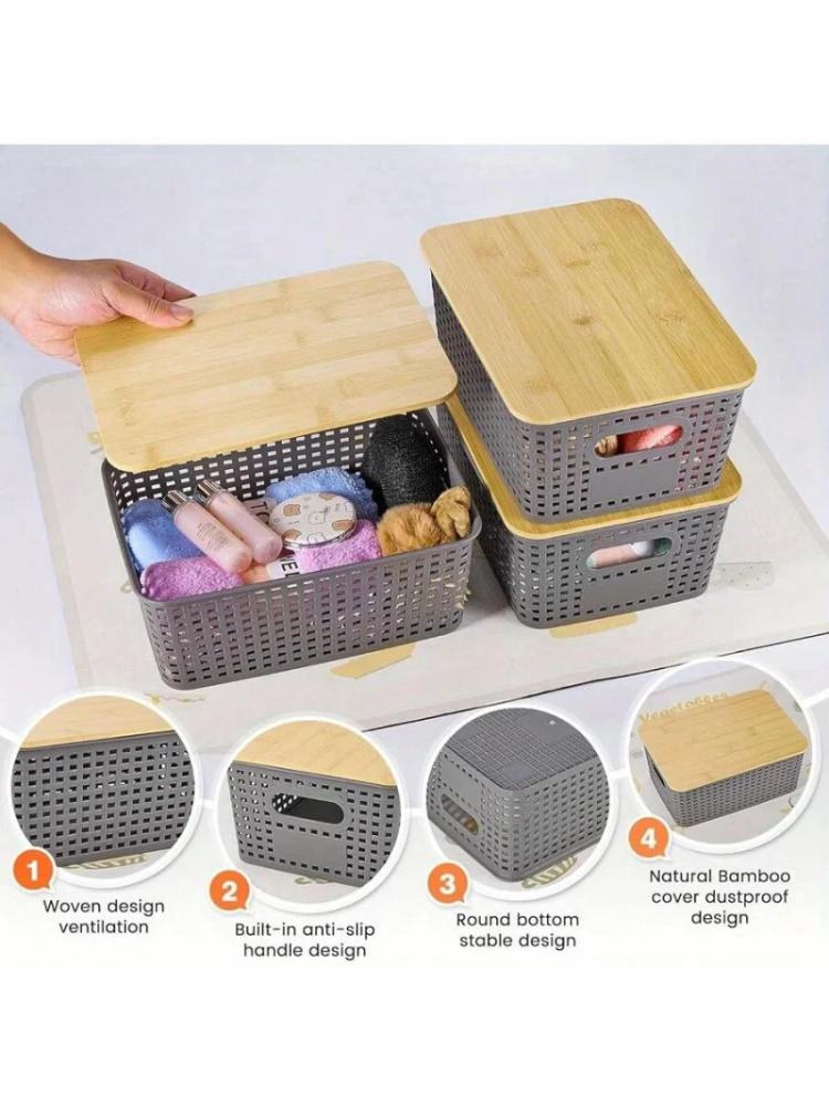 6-Piece Plastic Storage Basket With Bamboo Lid, Stackable Storage Basket Storage Box, Suitable For Home, Office, Game Room