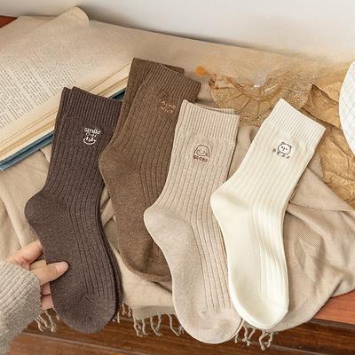 Women's Mid-calf Socks, Sweat-absorbing and Odor-proof Pure Cotton Socks, Breathable and Anti-pilling Pile Socks, Embroidered Versatile Socks
