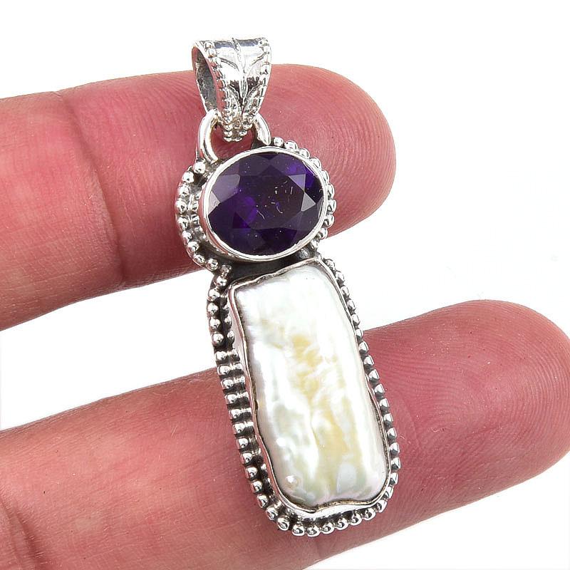 

Natural Biwa Pearl,African Amethyst 925 Solid Sterling Silver Pendant 1.50 r0F17