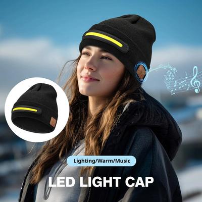 LED Wireless Music Beanie Hat with Bluetooth Earphones Unisex Winter Warm Hat Headlamp Cap Knitted Night Lighted Hat Flashlight