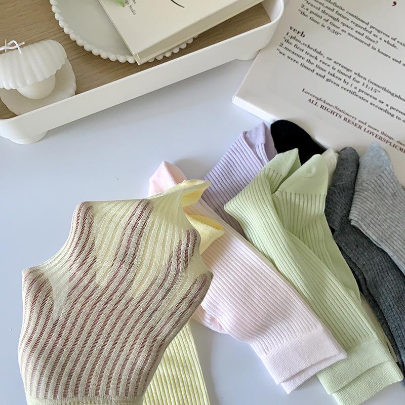 Simple Plain Color Stacked Socks Women'S Mid-Length Summer Thin Solid Color Calf Socks Candy-Colored Trendy Socks
