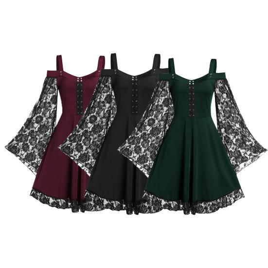 Damenkleid Spitze Patchwork Schmetterlingsärmel Halloween Großer Saum Tief ausgeschnitten Ösen Kleid für Halloween