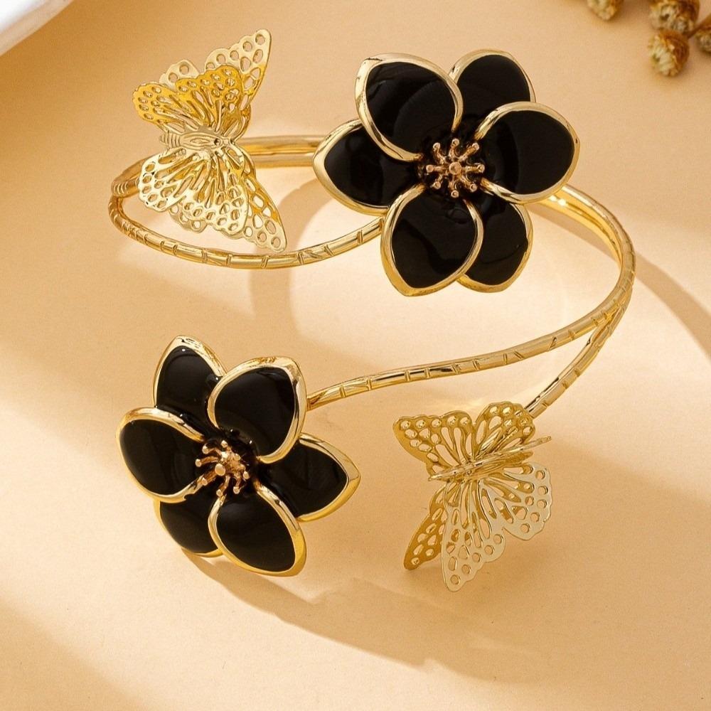 Artistic Drip Oil Flower Arm Ring Vintage Butterfly Open Bangle Enamel Glaze Armband  Party Wear чёрный