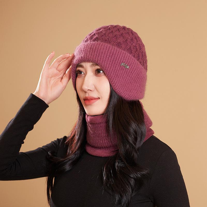 Autumn and Winter Middle-aged and Old Mother Wool Hat Knitted Two-piece Set, Ear Protector, Pullover Hat, Scarf, Plush Warm Hat