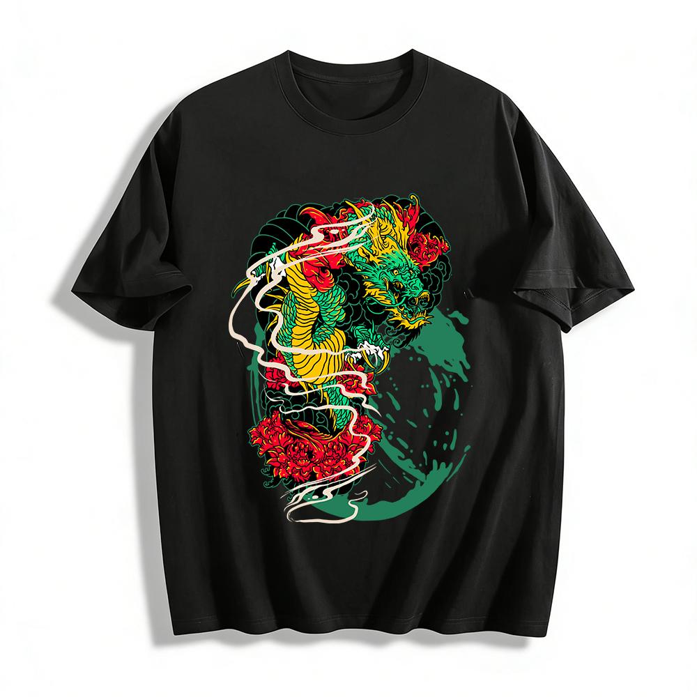 Vintage Chinese Style Dragon & Flower Print Loose Casual T-Shirt Pure cotton T-shirt XXS