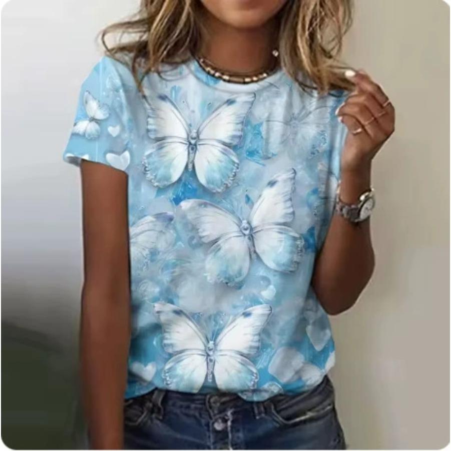 Dámský top s krátkým rukávem, 3D potiskem, sváteční, víkendový, základní, kulatý výstřih, regular flower tričko