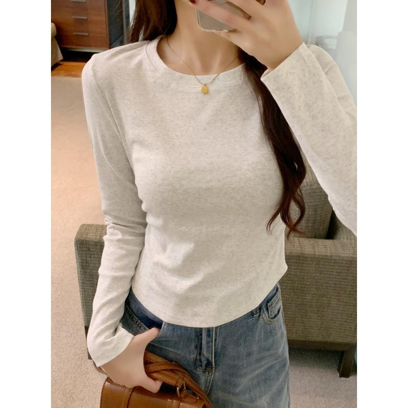 Short curved hem top women's spring waist fold front shoulder simple versatile long-sleeved shirt base