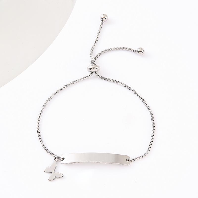 Adjustable Stainless Steel Bracelet with Laser Engraved Butterfly and Curved Plate