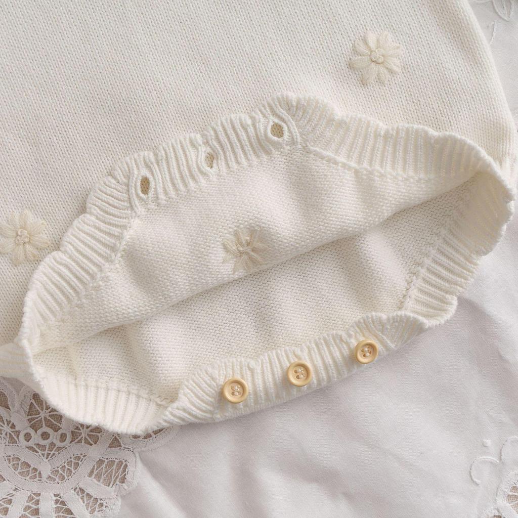 Spring Style Cotton Romper: Infant & Toddler Sweater with Hand-Crocheted Flowers, Long Sleeve, 0-2 Years