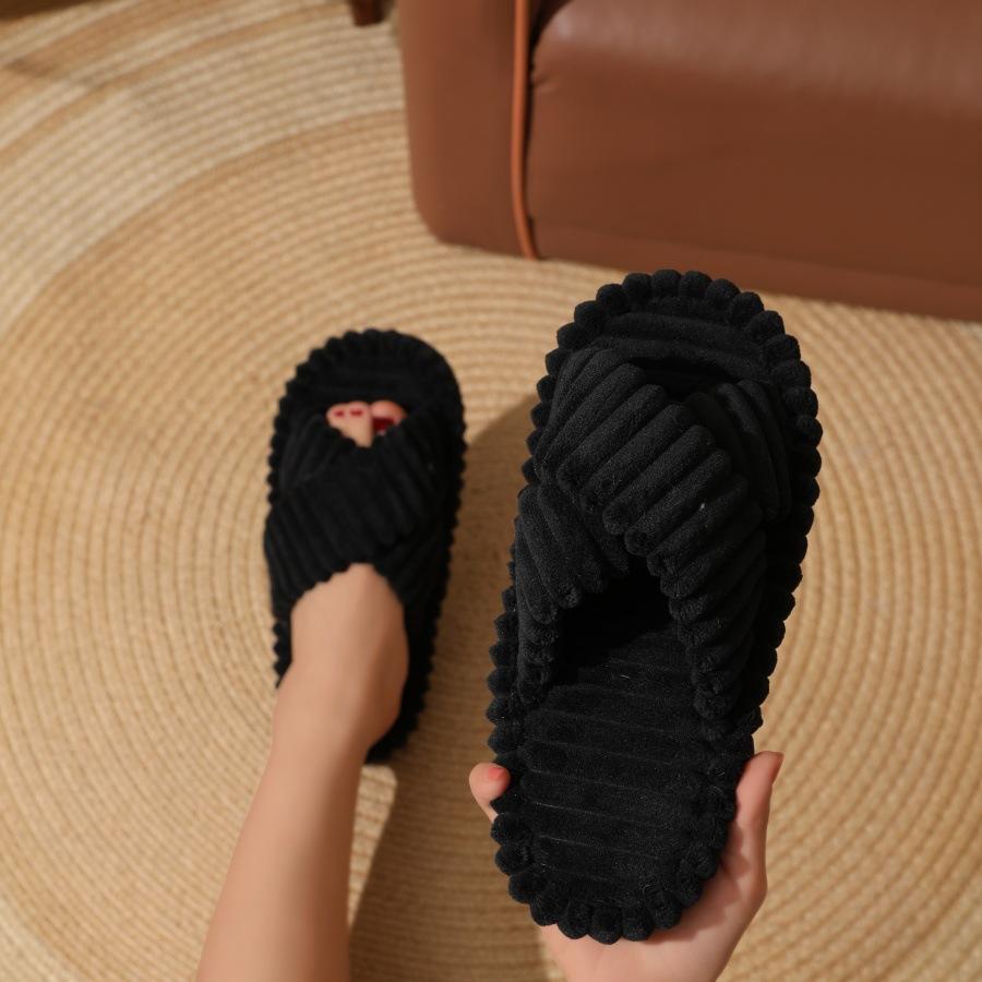 Women's Home Slippers Winter Plush Cross Strapped Cotton Slippers Women's Home Skin Friendly Plush Slippers Women Flat Bottom