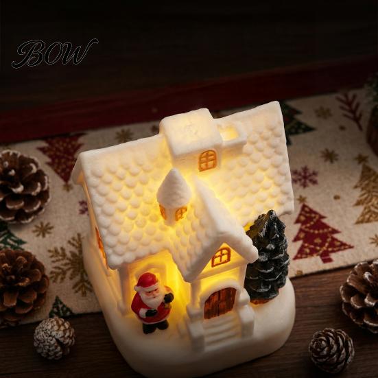 Snowy Cottage Figurine LED Lighted Christmas Village House Statue, Light Up Small Figurines with Santa Claus Relief Statue Xmas Tree Claus,