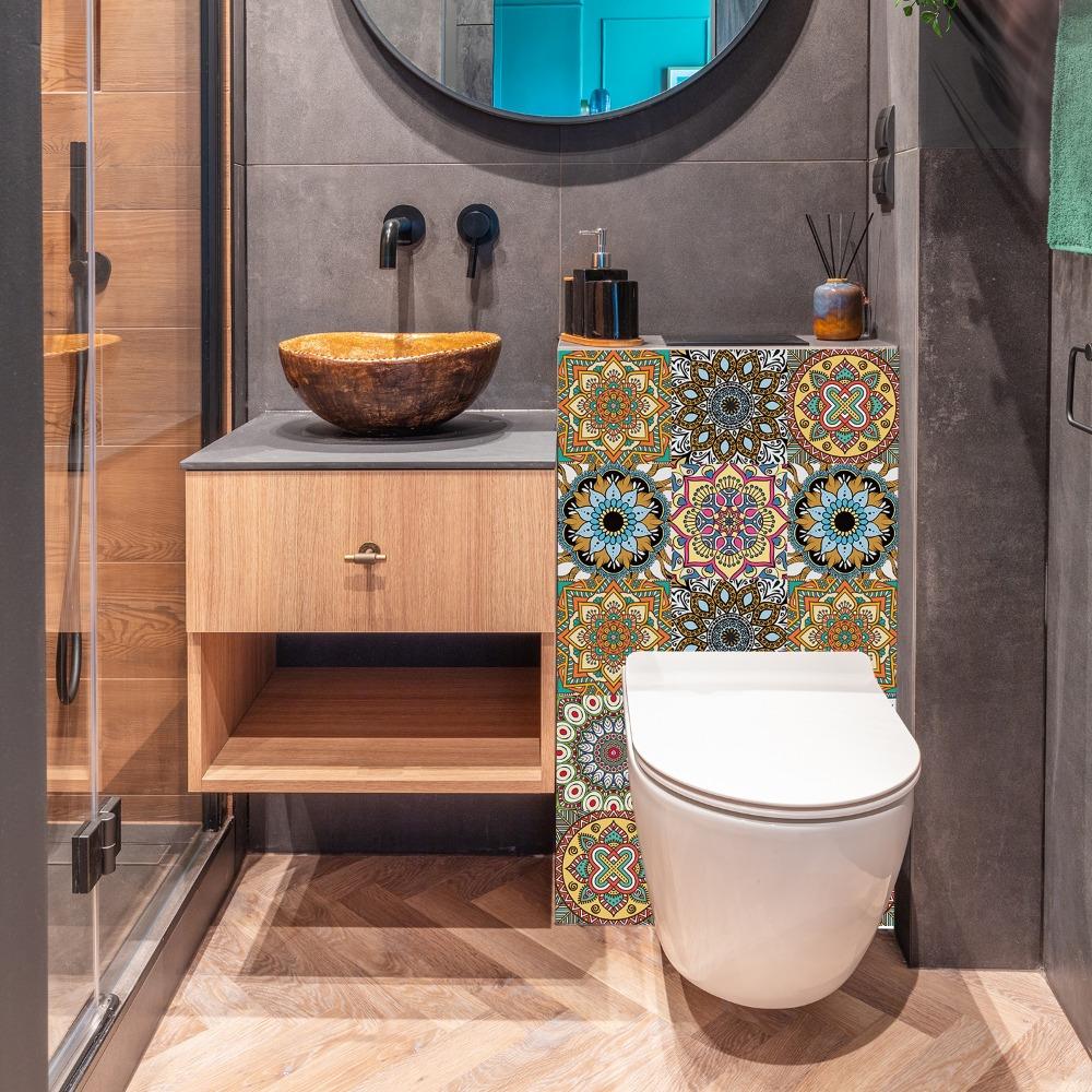 10pcs Self-adhesive Tile Sticker Mandala Dark Color Style Flower Brick Peel and Stick Splash Guard Wall Sticker Waterproof Tiles Stickers for Bathroom