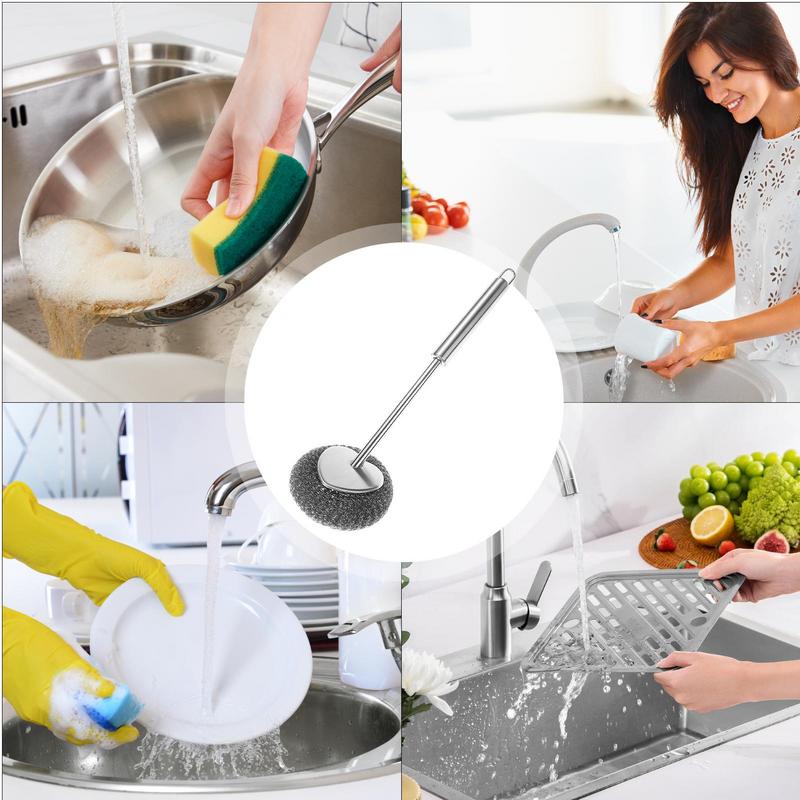 Metal Scrubbers For Cleaning Dishes Stainless Steel Wire Sponge Pot Brush With Handle Wire Cleaning Ball Dishwasher Utensil