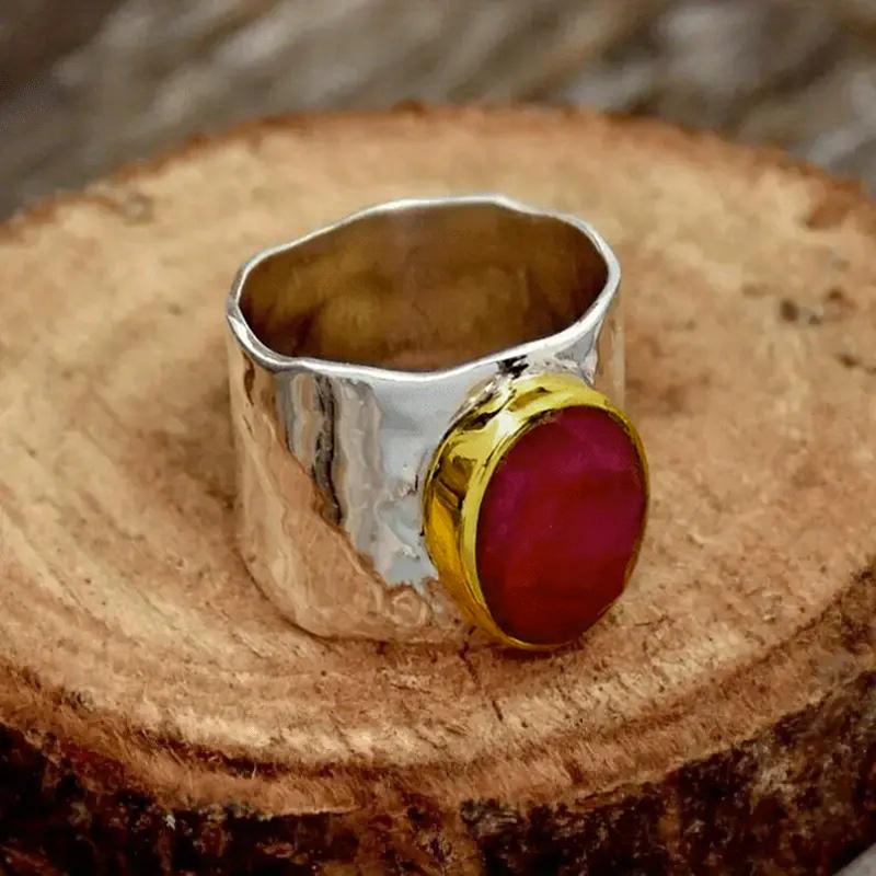 

Vintage Big Oval Red Cubic Zirconia Two Tone Rings for Women Vintage Hammered Wide Finger Ring Daily Party Luxury Jewelry 6