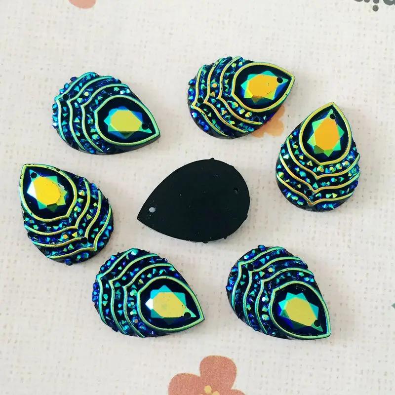 DIY 40pcs 13x18mm Teardrop Sew On Rhinestones AB Colors Resin Sew On Stone Flatback 2holes for Garment Clothing -A29