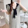 Navy Striped Korean Style Maternity Summer Dress, Casual Loose Fit, Slimming Ice Silk Knit with Hollowed-Out Details