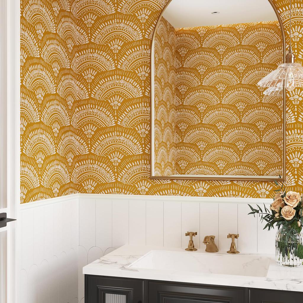 VEELIKE Wallpaper Stickers, Ginger Yellow, Bohemian Floral Pattern, Renovation Sheet, Cutting Sheet, Wall Sticker, 44.5 x 300cm, Heat-Resistant,