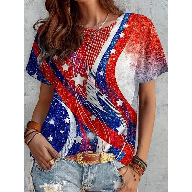 Summer Round Neck American Flag Theme Pattern 3D Print Top Fashionable Casual Short Sleeved Women's T-shirts