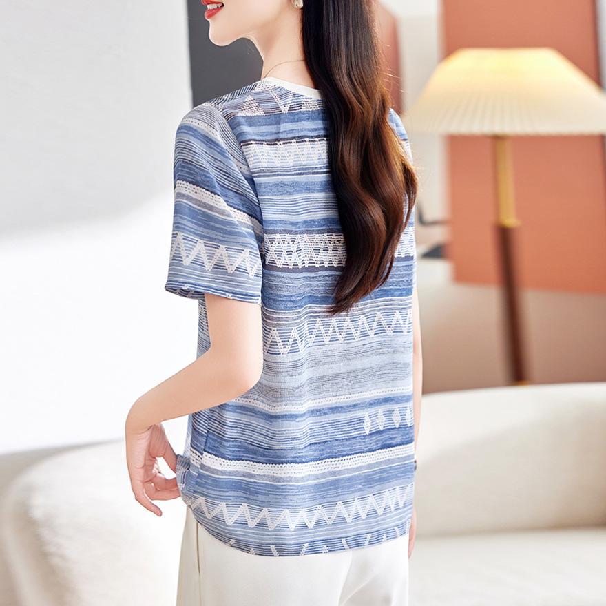 Hong Kong-style retro striped contrasting color short-sleeved silk T-shirt women's summer new fashion T-shirt temperament mulberry silk top