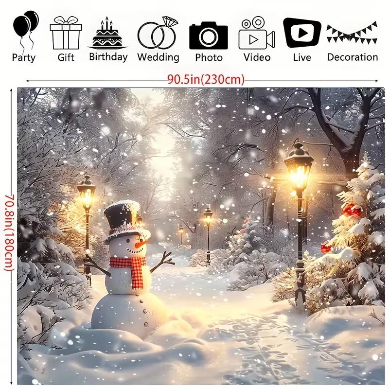 2D Christmas Snowman Photography Backdrop, Snowy Street Lamp & Forest Scene