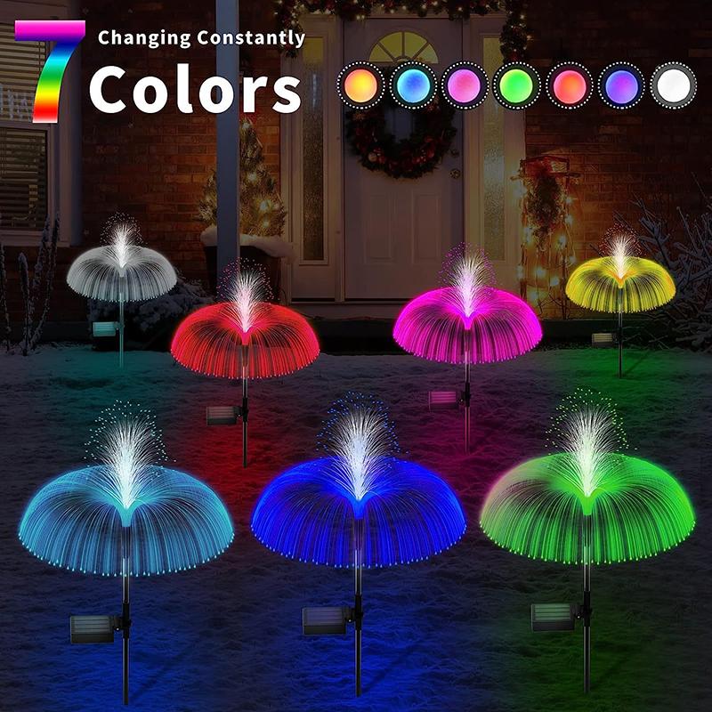 Solar Jellyfish Garden Lights Outdoor Waterproof 7 Color Changing Fiber Optic Solar Landscape Pathway Stake Lamps for Yard Lawn Wedding Holiday Decor