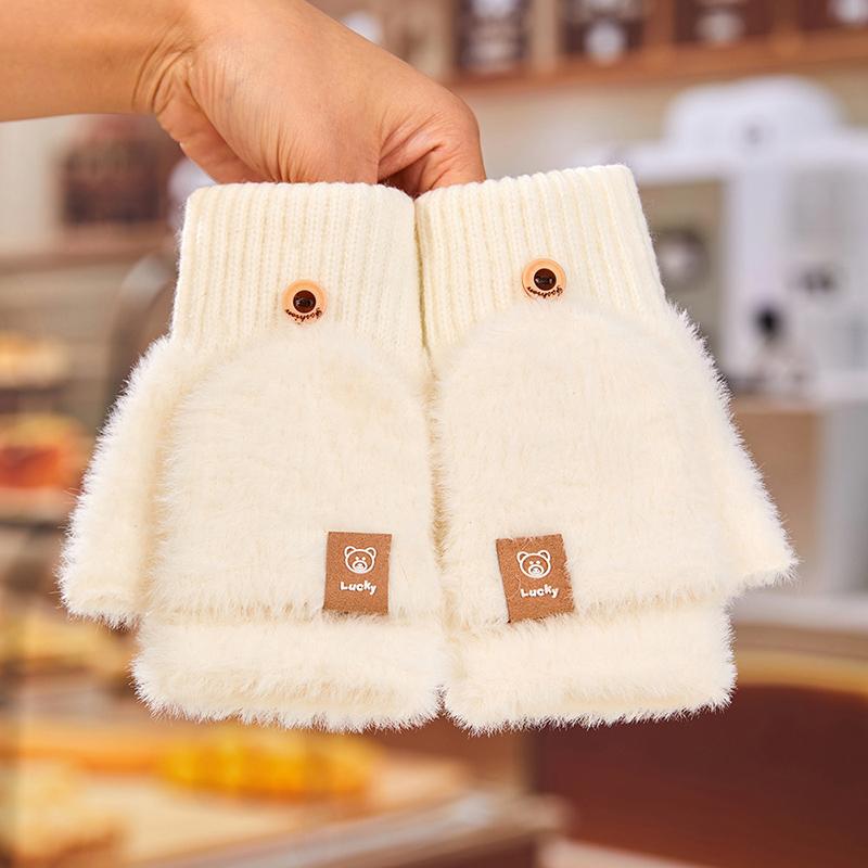 Korean Knitted Flip Up Dual Purpose Gloves for Women Cute Bear Skin Friendly Soft Warm Warm Gloves Office Writing Student Gloves