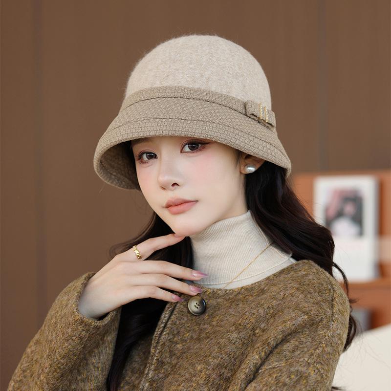 In The Elderly Autumn and Winter Bucket Hat Female British Style Top Hat Warm Woolen Bucket Hat Fashion Basin Hat