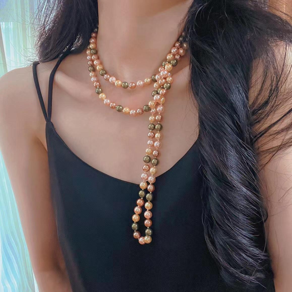 

Vintage Mixed-Color Maillard Wind Bead Sweater Chain Necklace, A Variety Of Ways To Wear Beaded Atmosphere Long Chain