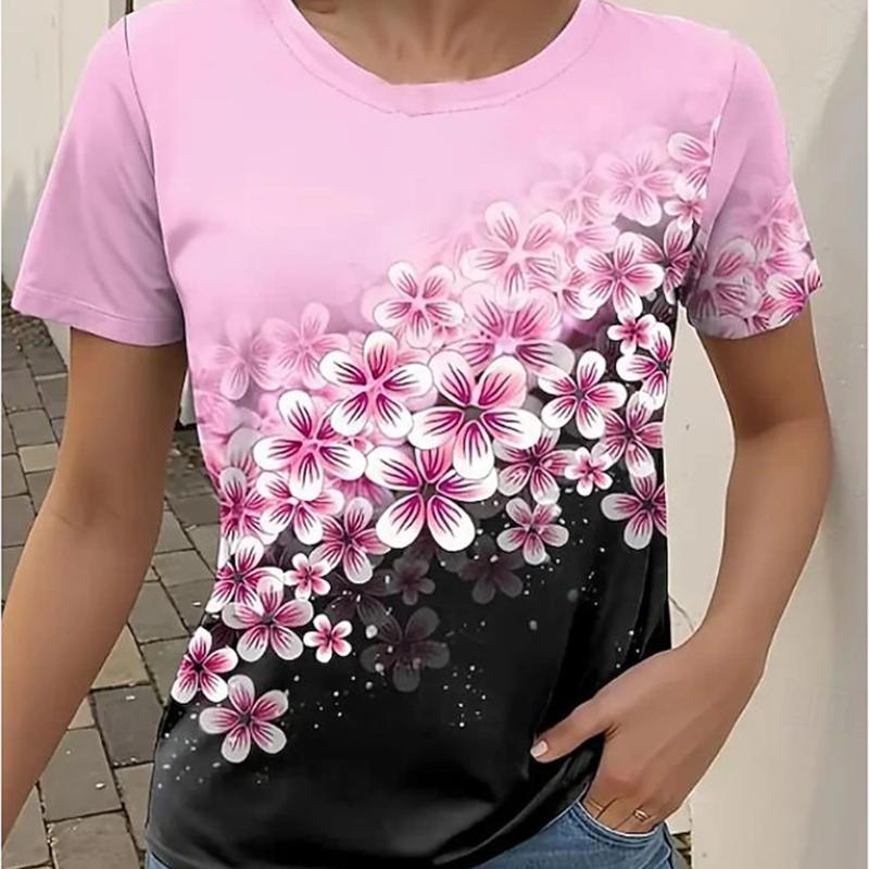 Women Summer T Shirt Flower Retro Fashion Short Sleeve Tees Casual   Printed  Tops
