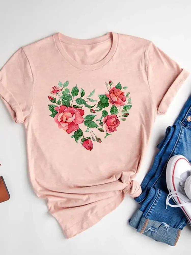 Women's Watercolor Love Heart Print T-Shirt Short Sleeve Tee Basic Clothing Summer Top Graphic Clothes Sweet Fashion