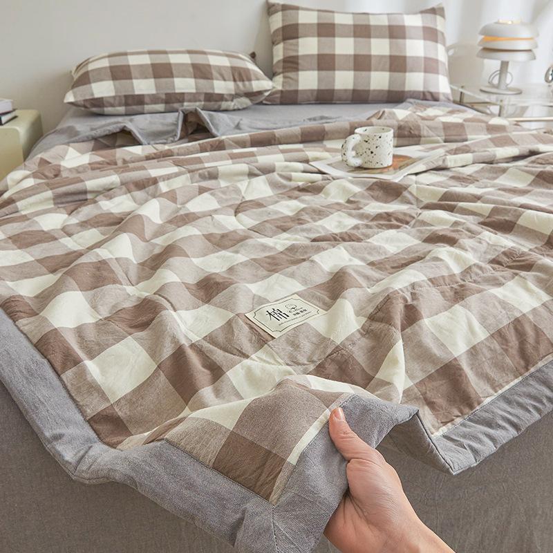 Plaid Print Washable Cotton Summer Cooling Quilt Lightweight Breathable Machine Washable for Student Dorms Single Double Beds Air Conditioner Rooms