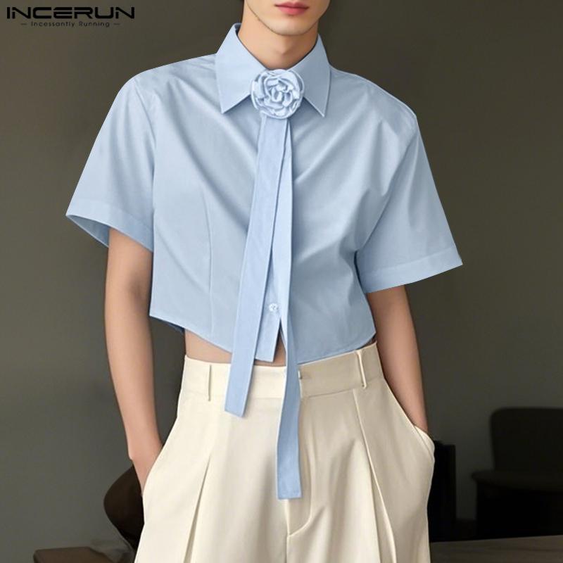 

INCERUN Men Cropped Shirts Casual Loose Flower Tie Neck Short Tops S чорний