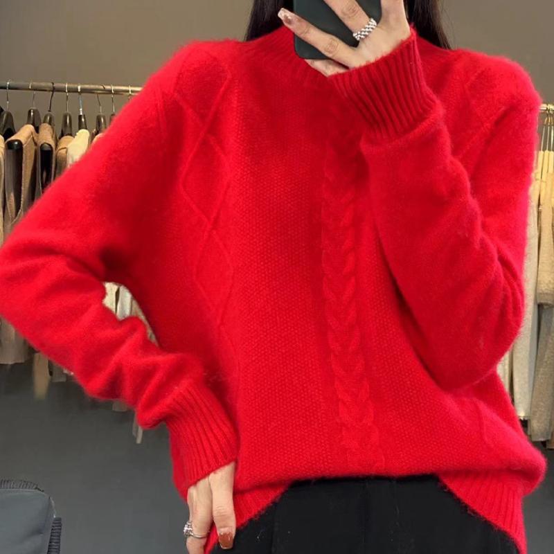 Nový podzimní a zimní kardigan s polovičním rolákem pro ženy, zahuštěný svetr s krouceným květinovým vzorem, volný ležérní spodní kardigan