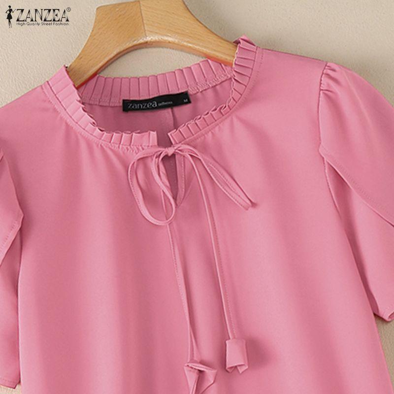 ZANZEA Blusa Casual de Mujer con Cuello Redondo, Color Sólido, Manga Corta Suelta