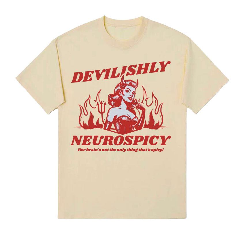 

Funny ADHD T Shirt for Women Devilishly Neurospicy Vintage Style Adult Humor Tshirts Unisexs High Quality 100 Cotton Tshirt Tops 4XL