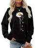 Women's Autumn and Winter Casual Loose and Comfortable Warm White Sunflower Print Round Neck Long Sleeved Pullover
