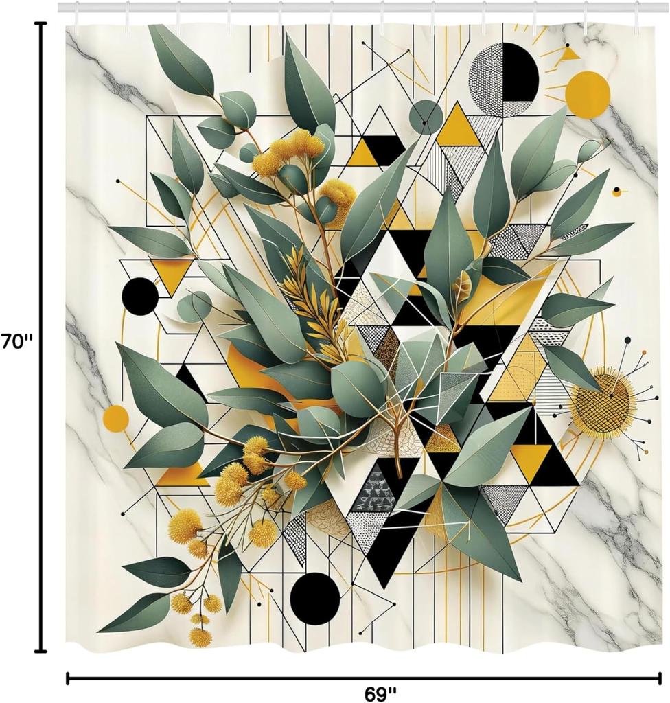 Eucalyptus Leaves Shower Curtain, Blossomy Leaf Pattern Abstract Geometric Details Marble Print, Cloth Fabric Bathroom