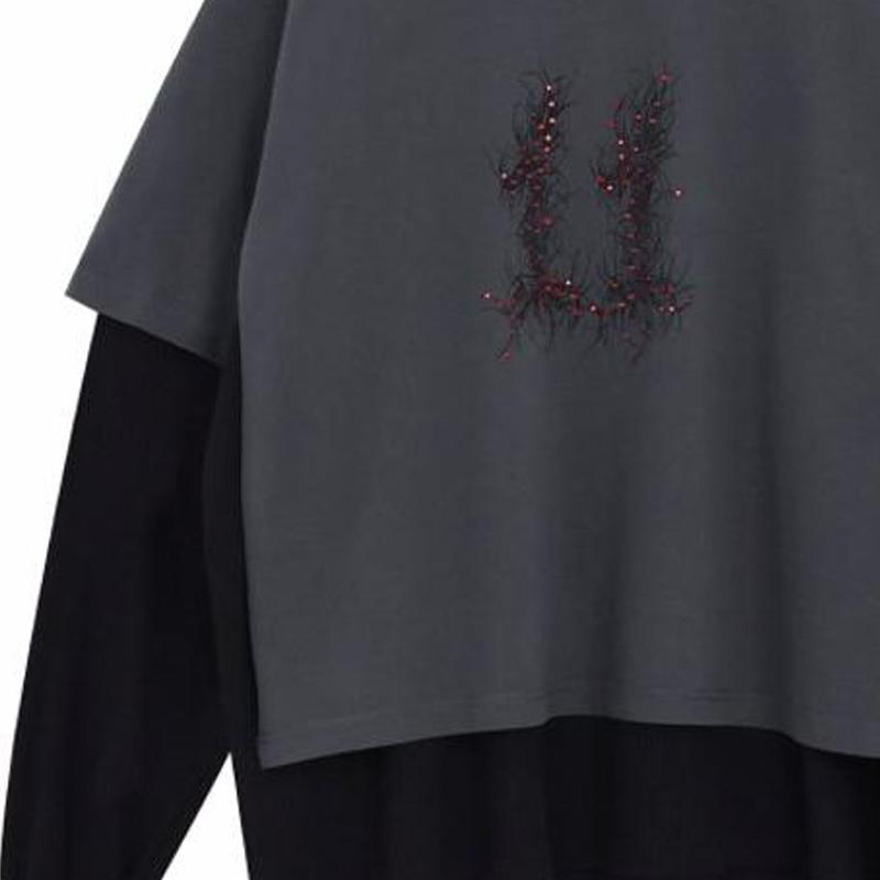 We11done Ss24 Printed Round Neck Layered Long Sleeve T-Shirt Unisex Tops Gray WD-TT1-24-850-U-GY