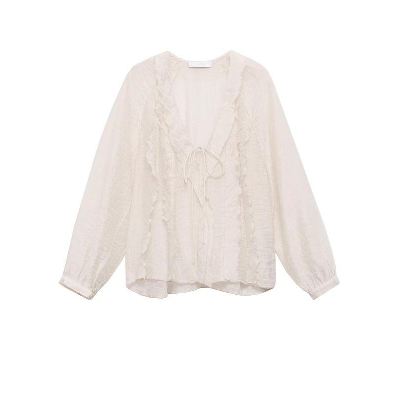 

Spring New Women s Clothing Minimalist Style V Neck Long Sleeves Neckline Tied Lotus Leaf French Shirt 77004801 Light Beige L