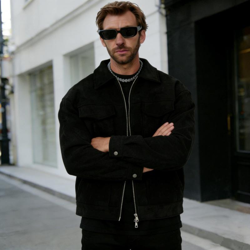 European and American Men's Suede Velvet Zipper Jacket with Large Pockets and Lapel.