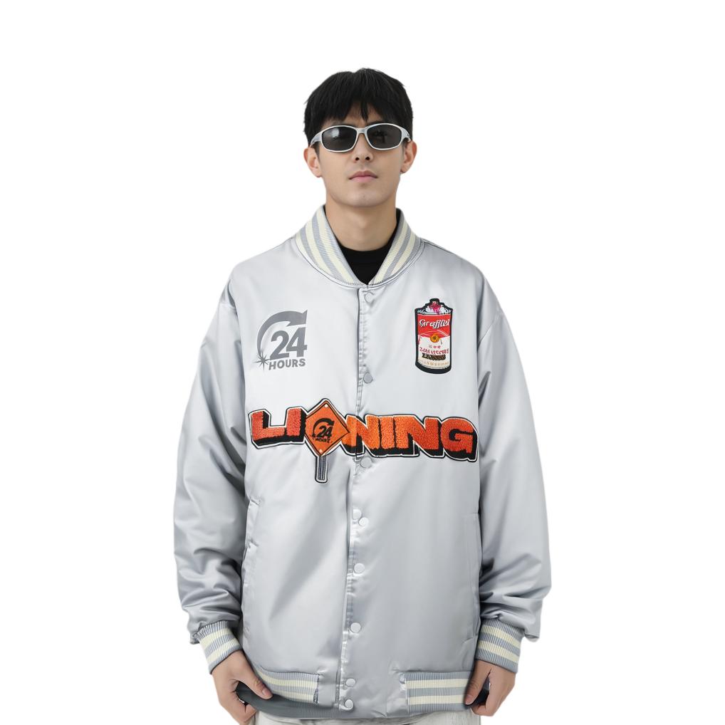Li Ning Skateboard Series Letter Print Baseball Collar Loose Short Cotton Jacket Men Jacket Mist-Gray AJMU021-4