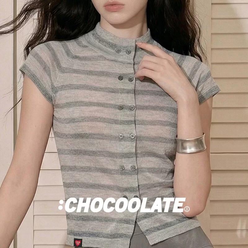 :CHOCOOLATEit Women's Slim Fit Striped Short Sleeve T-Shirt
