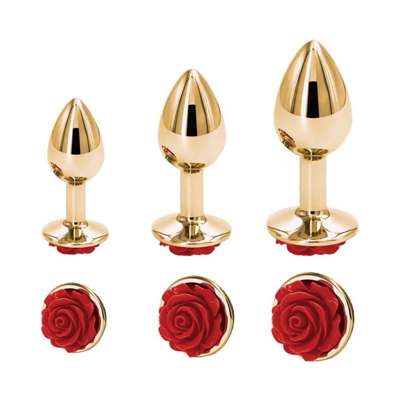 Rainbow Rose Gold Pink Small Medium Size Set Heart Shape Crystal Metal Anal Beads Butt Plug Jewelry Sex Toy for Female Male