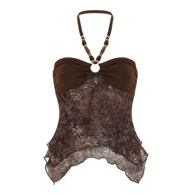 

Женский ретро острый топ-халтер 2025: Сборка на груди, сетчатая вставка, нерегулярный дизайн с бисером Medium