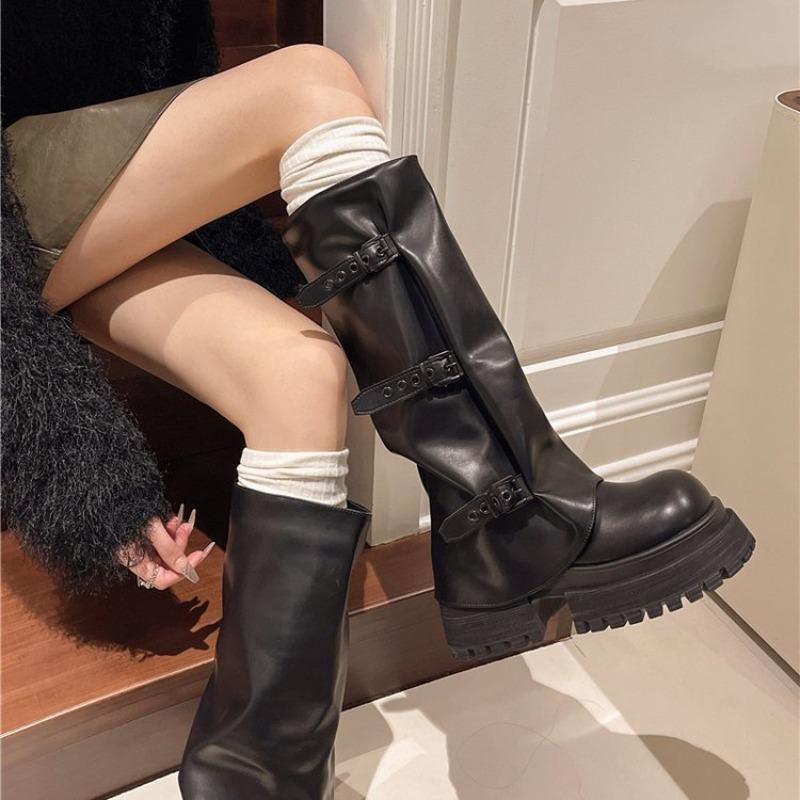 High Leg Boots Women Autumn Winter  New Sleeve Knight Boots Thick Soles Belt Buckles That Cannot Reach The Knee, Long Boots
