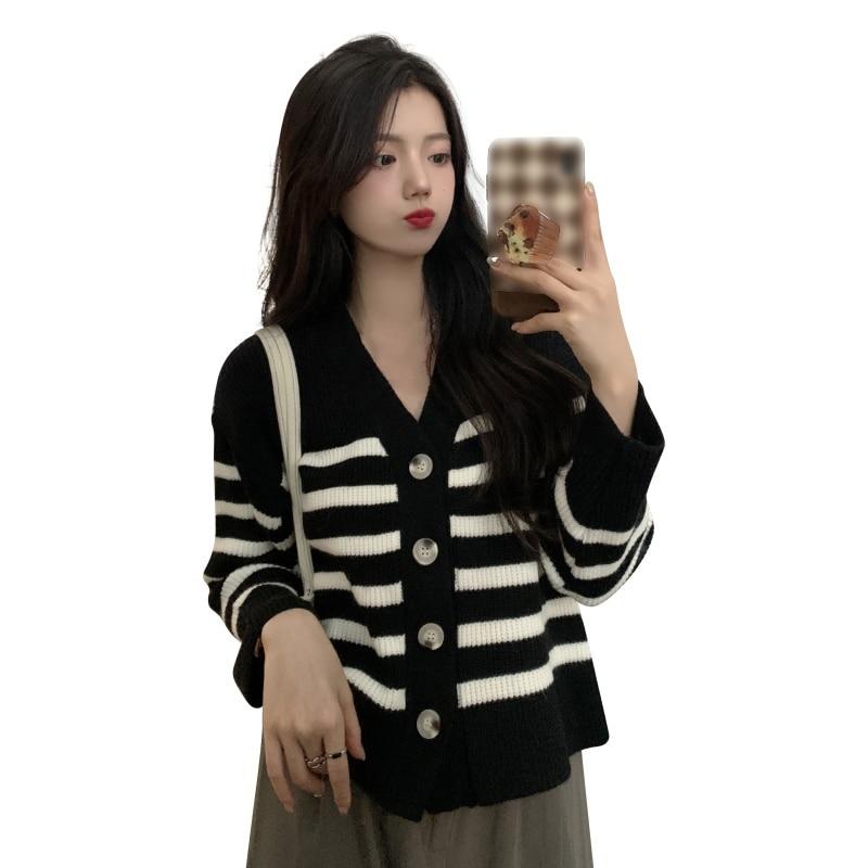 Retro Striped Cardigan Coat Long Sleeve 