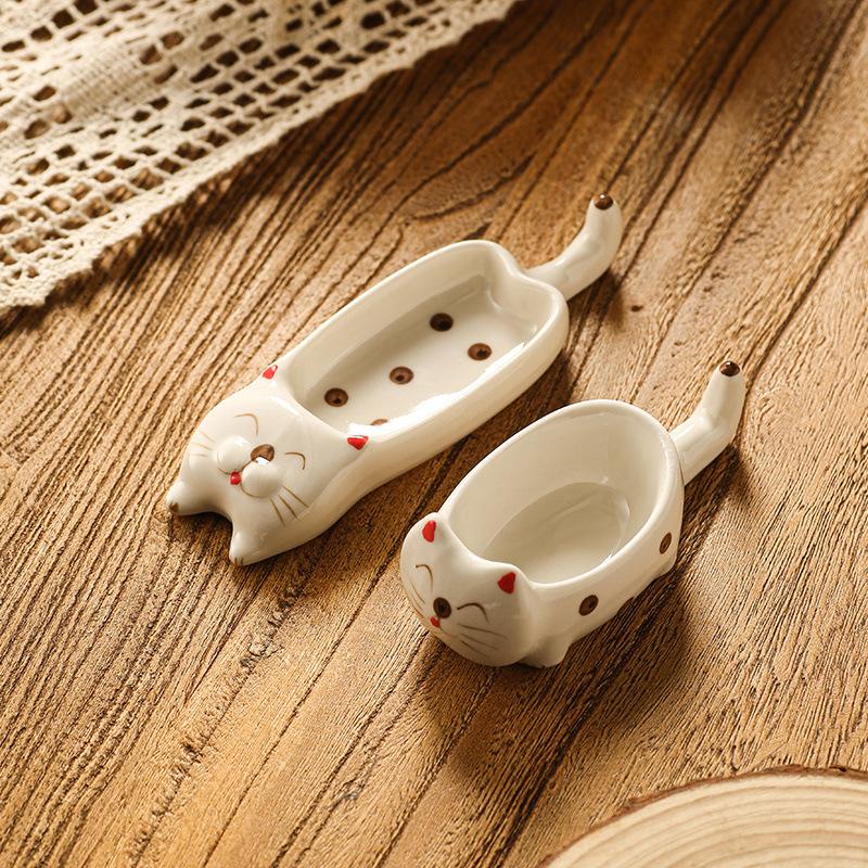 Cute Ceramic Cat Plate Japanese Soy Sauce Dish Creative Home Tableware with Chopsticks Holder