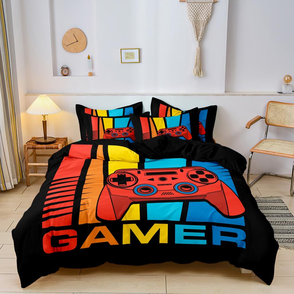 3pcs Video Game Controller Mouse Keyboard Headphone Pattern Duvet Cover Set - Modern Fashionable Cool Gamepad Print