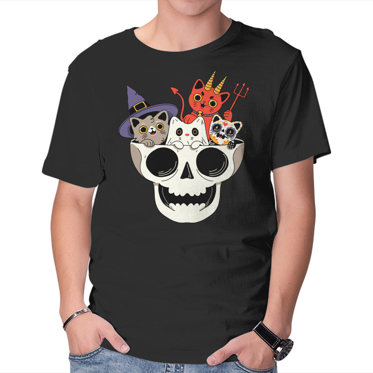 Unisex Crew Neck T-Shirt Skull And Spooky Cats Graphic Short Sleeve Casual Tee XXXXL
